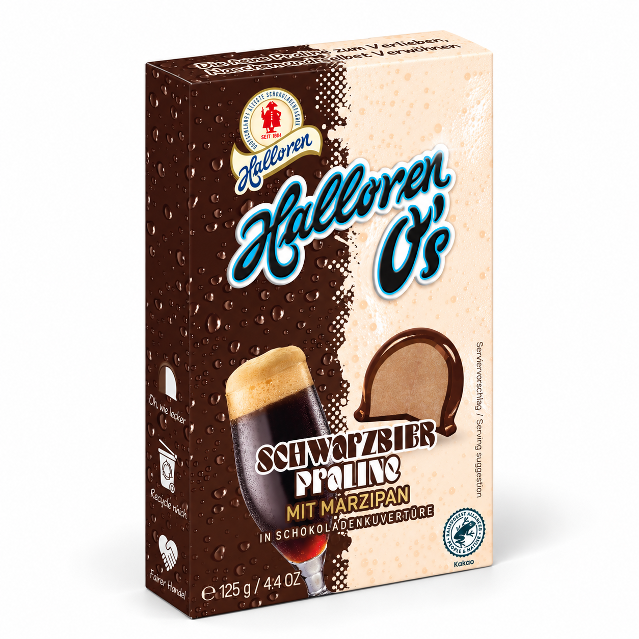 Schokoladenpralinen, Schwarzbier, Marzipanfüllung, Zartbitterschokolade, 125 g Packung