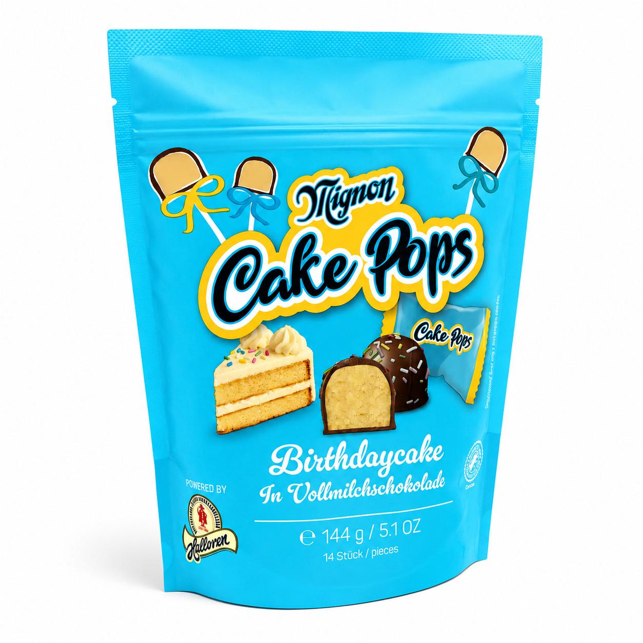 Kuchenstiele, blaue Verpackung, Geburtstagkuchen, Schokoladenüberzug, Snackbeutel