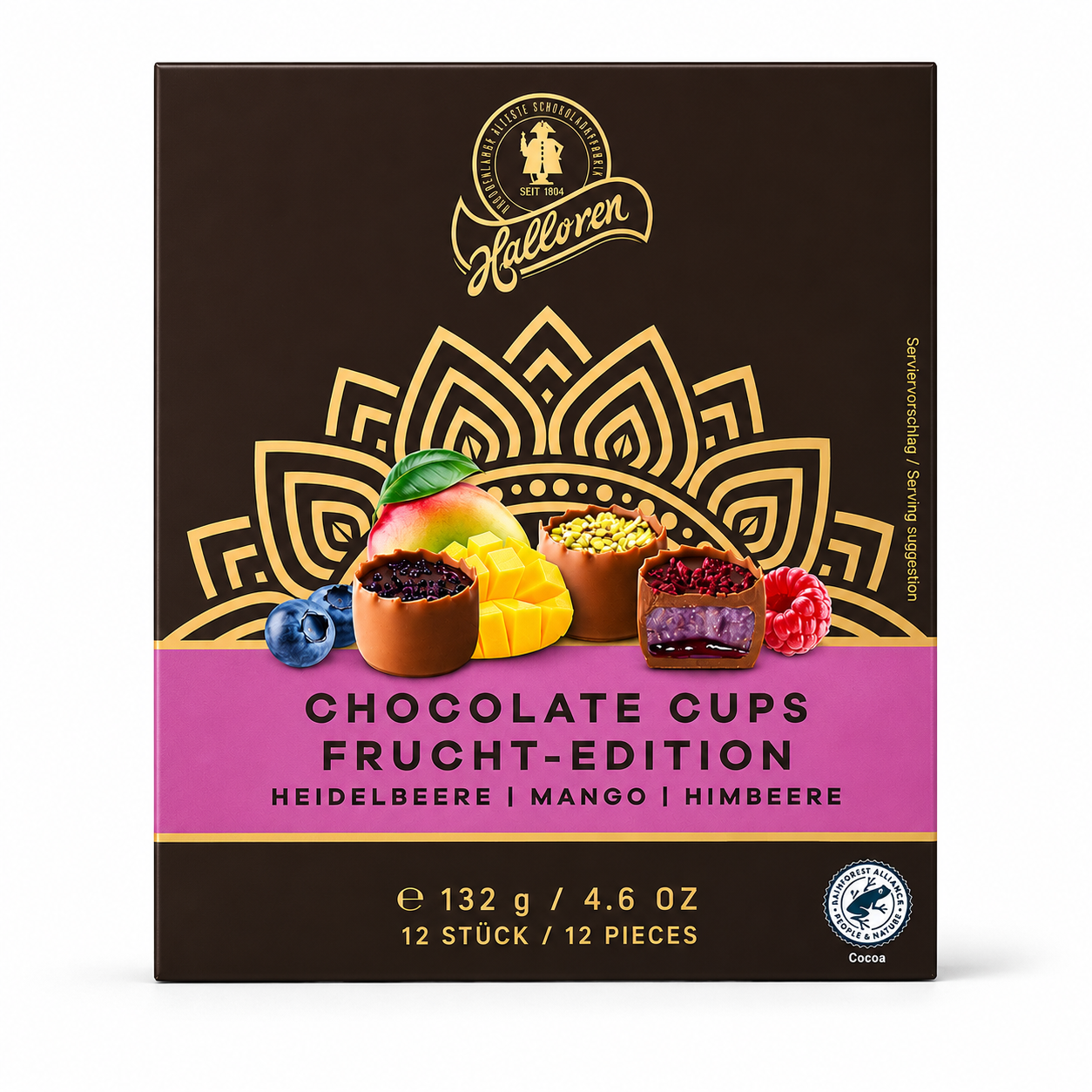 Schokoladenpralinen, Chocolatetassen, Frucht-Edition, Mango, Himbeere