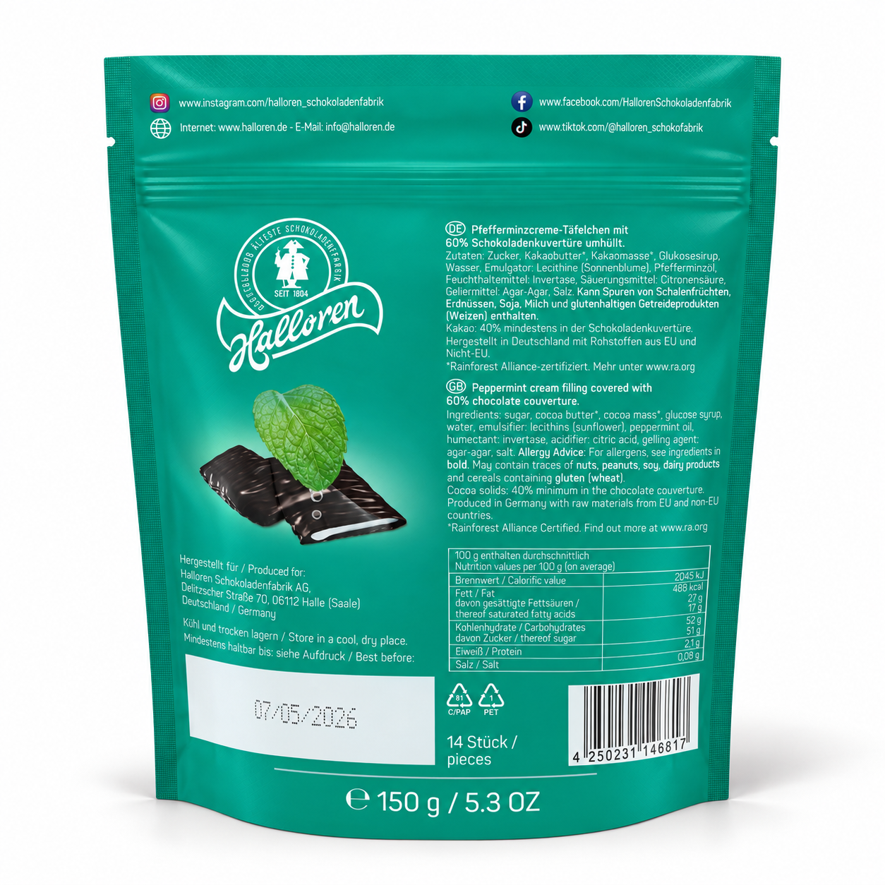 Schokolade, Riegel, Dunkle Schokolade, Mint-Blatt, Verpackung