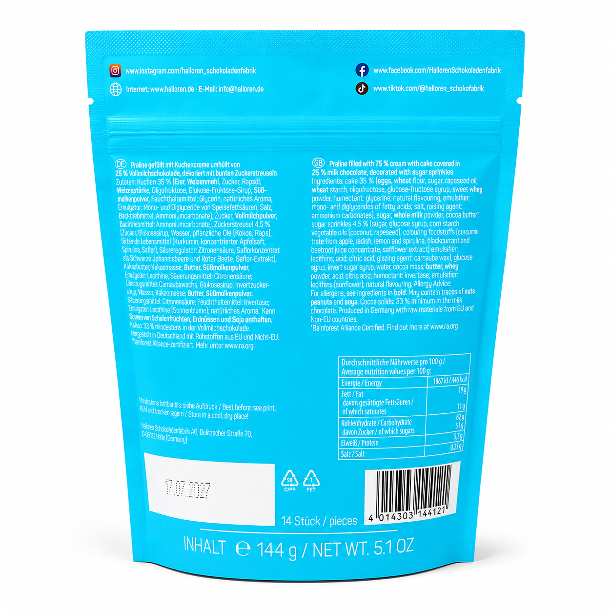 blau, verpackung, rückseite, nährwertangaben, 14-stücke