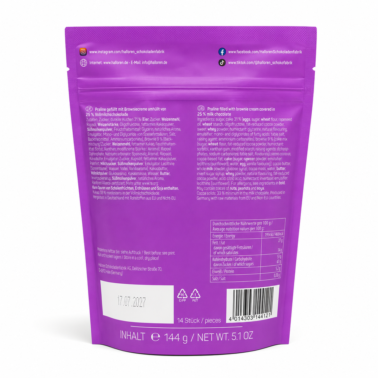 lila verpackung, bonbonbeutel, brownie creme, milchschokolade, 14 stück