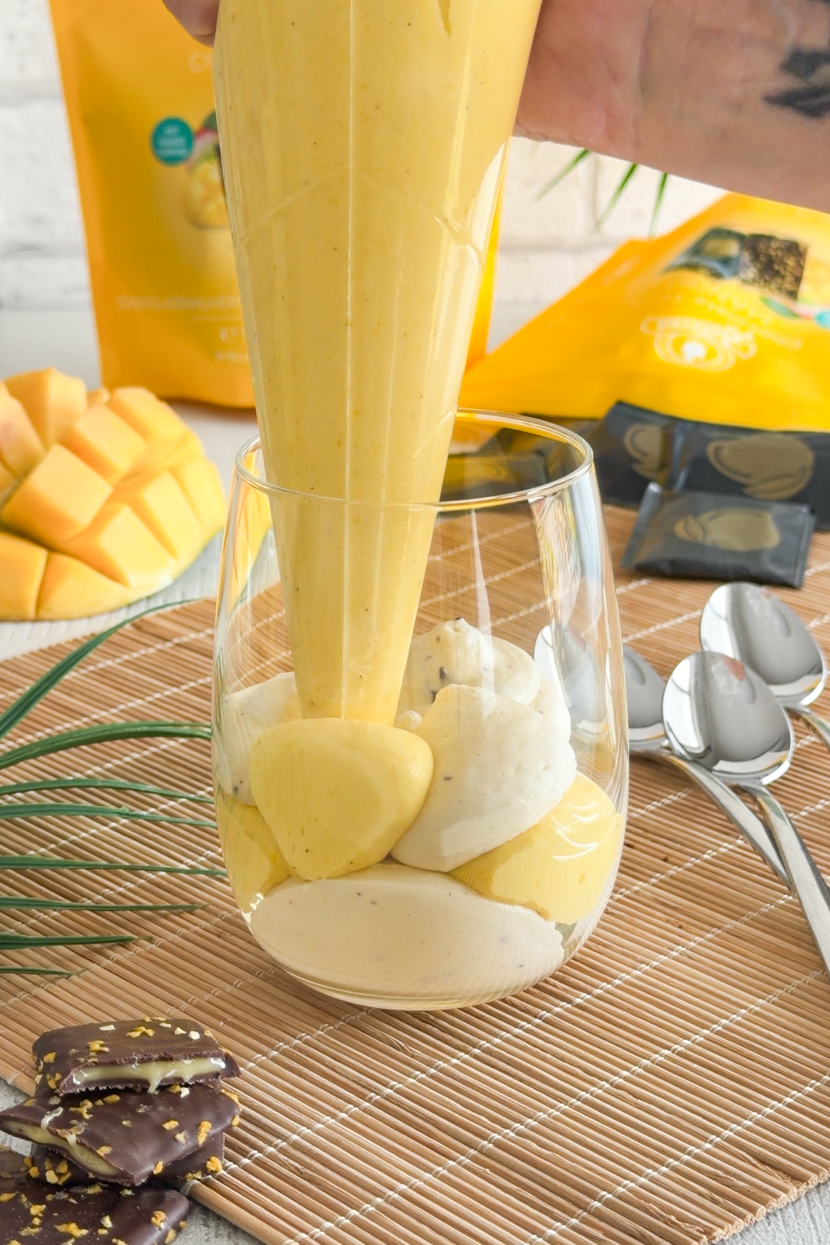 glas, pudding, banane, mango, nachtisch