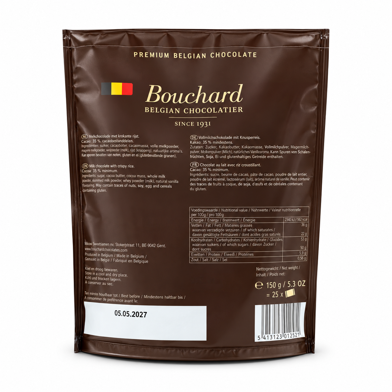 Belgian chocolate, dunkle Schokoladenverpackung, Knuspriger Reis, Kakao 35%, 500g?