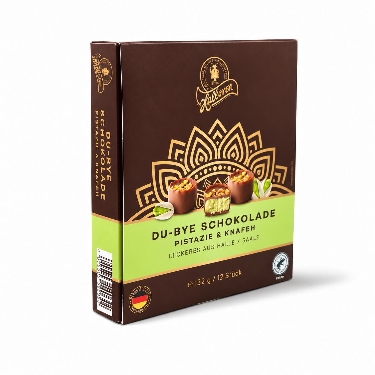 Schokoladenpralinen, Pistazienfüllung, Knafeh-Füllung, 12 Stück, braune Verpackung