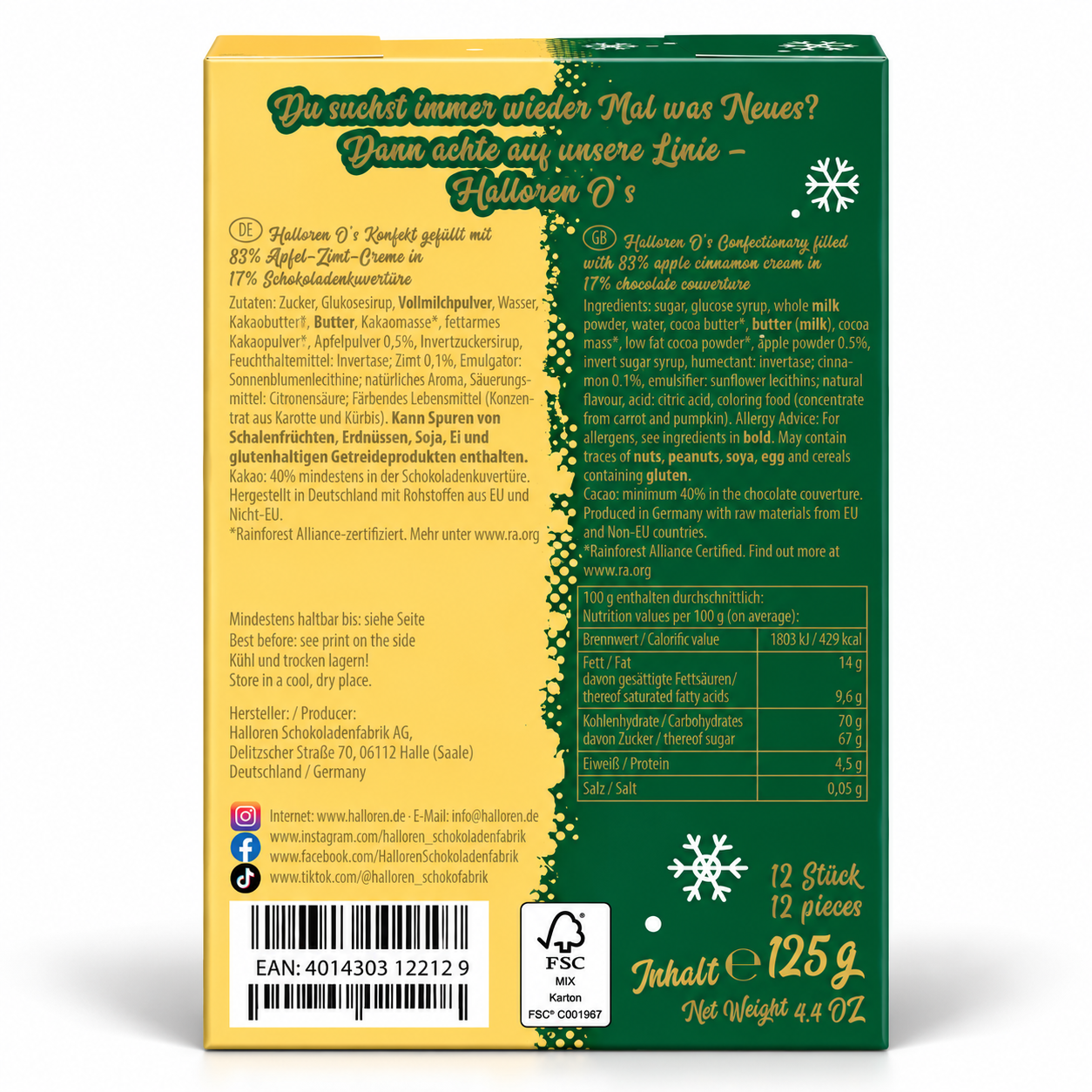 Schokoladenbutter, Apfel-Zimt-Creme, 12 Stück, Netzgewicht 125 g, quadratisches Süßwarenglas