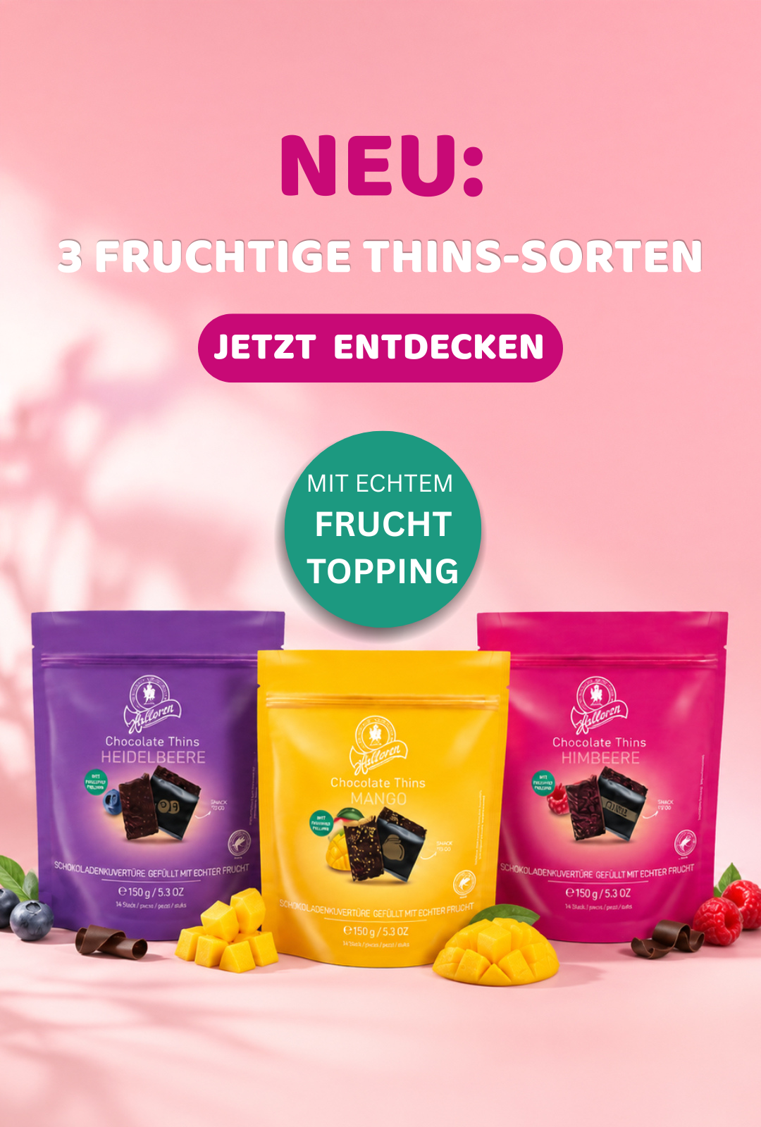 Schokoladen-Thins, Frucht-Topping, Mango, Himbeere, Beutelverpackung