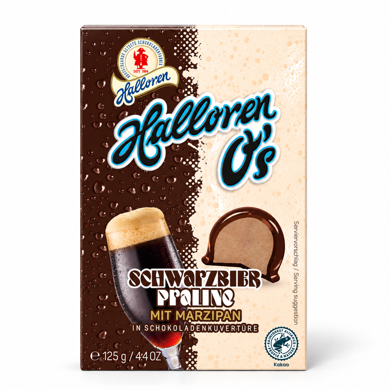 Schwarzbierpralinen, Marzipanfüllung, Schokoladenkuvertüre, Pralinenschachtel, 125 g