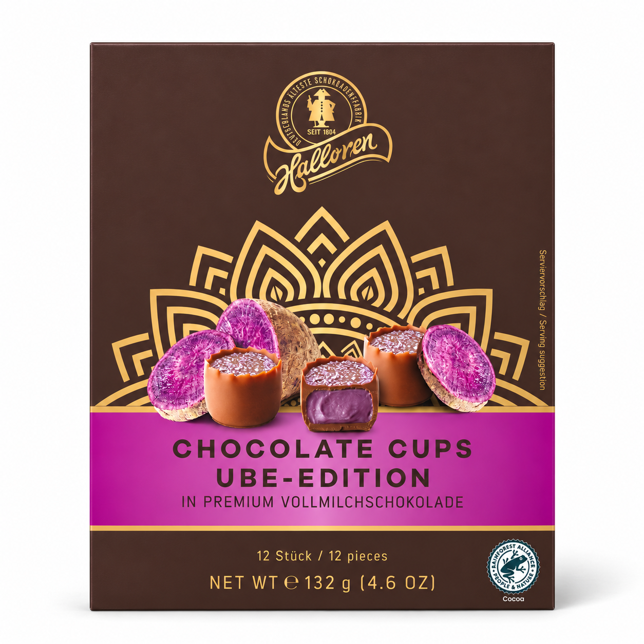 Schokoladenpralinen, Vollmilchschokolade, Ube-Füllung, 12 Stück, Schokoladenbecher