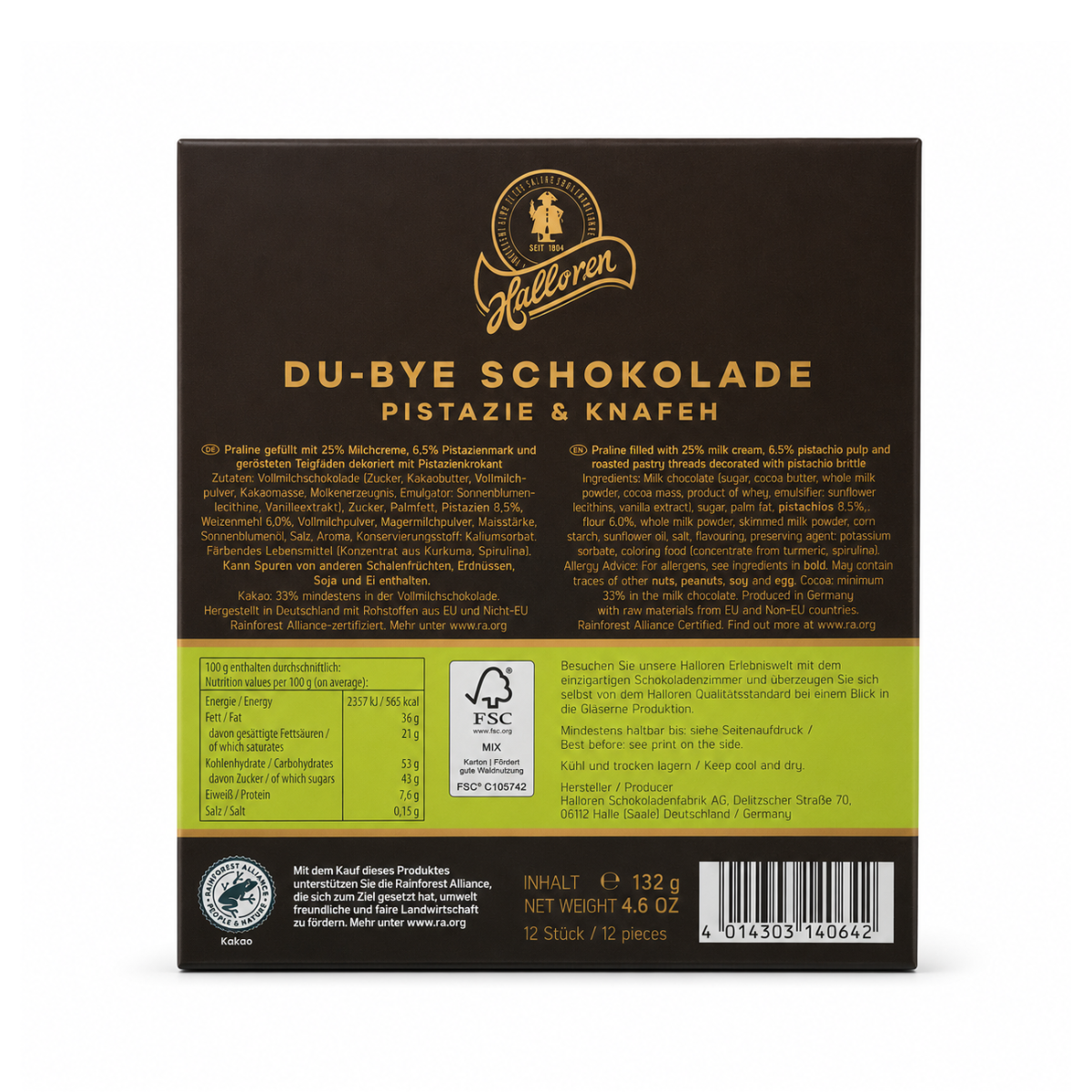 Schokolade, Pistazie, Kakaomischung, Praline, Format 132 g