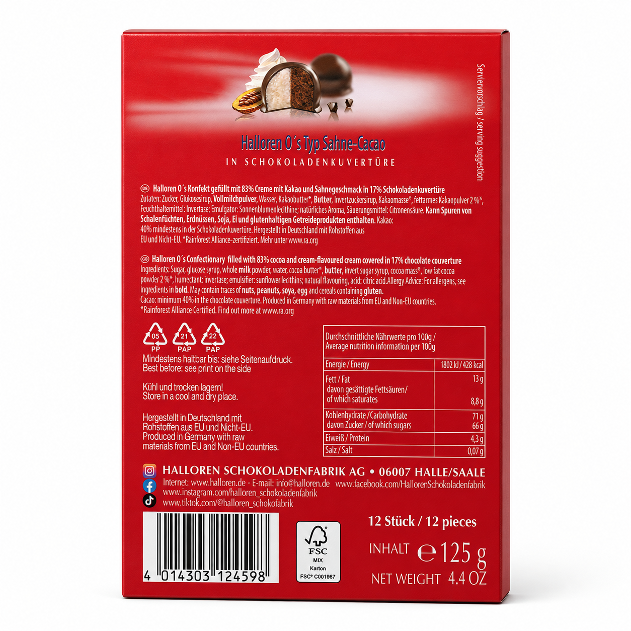 Schokoladenverpackung, Sahne-Cacao, Hallen O's, Snack-Verpackung, Kakao-/Schokoladenfüllung