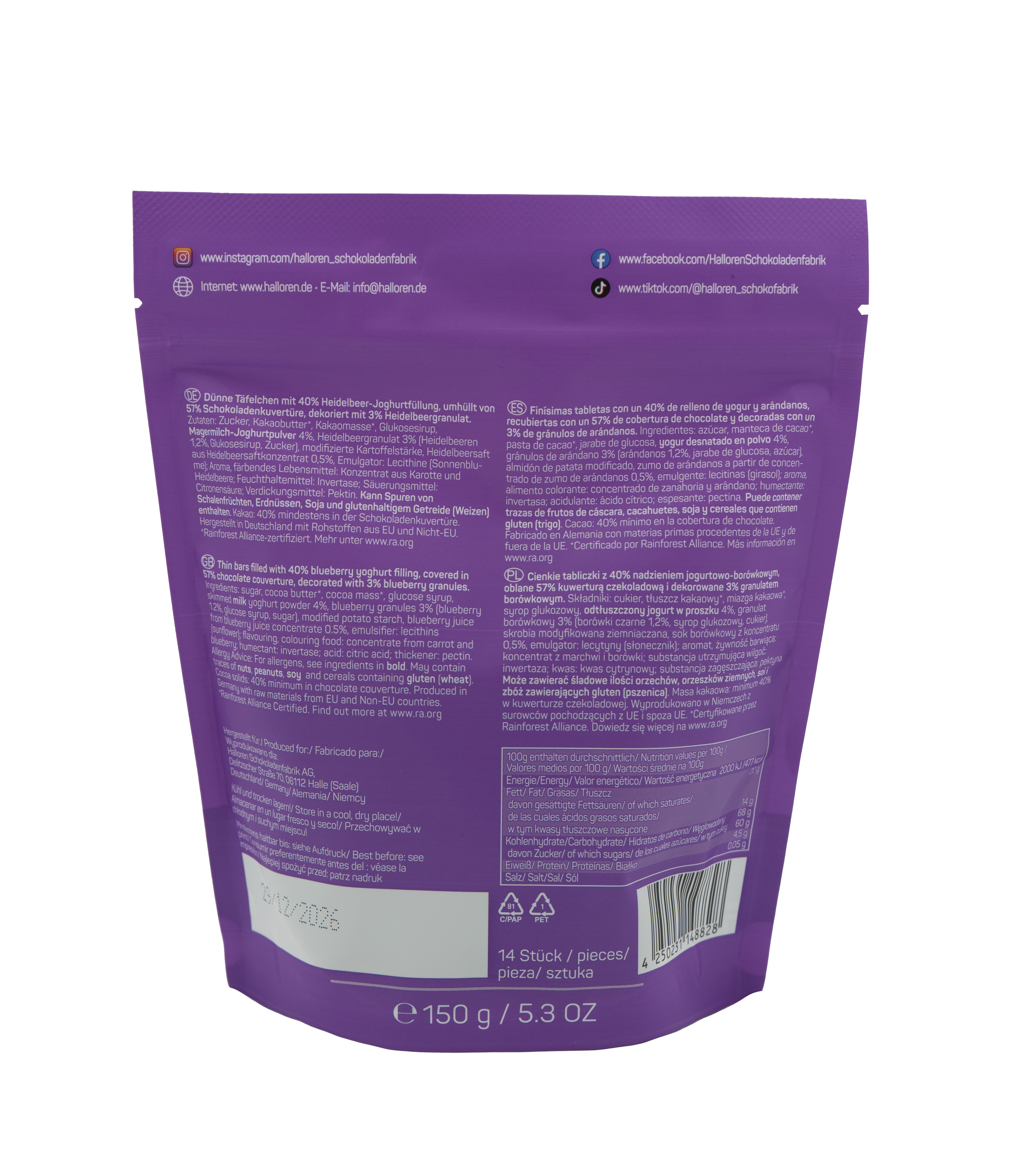 Halloren Chocolate Thins Heidelbeere mit Topping