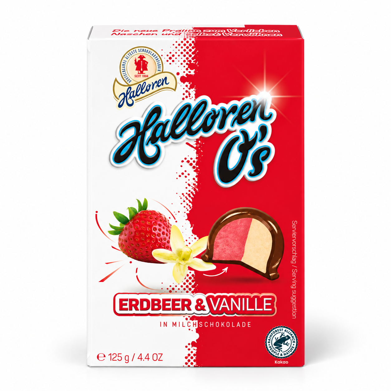 Vollmilchschokolade, Erdbeer-Vanille, Schokoladenpralinen, 125 g, rote Verpackung