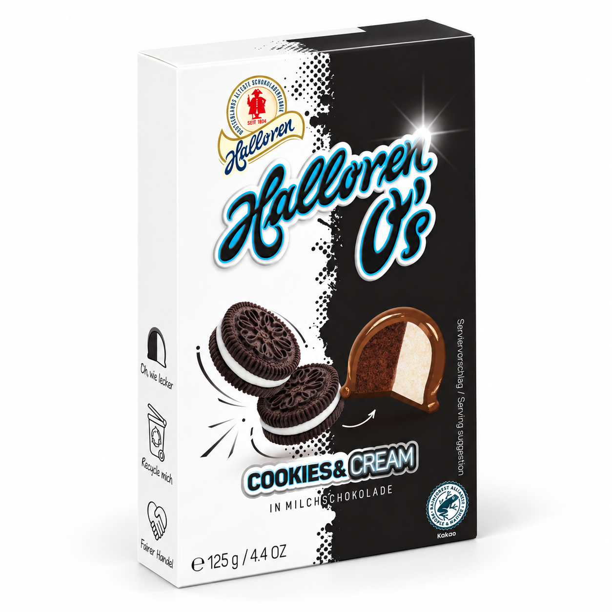 Milchschokolade, Cookies und Creme, gefüllte Schokolade, 125 g, Schwarz-weiß