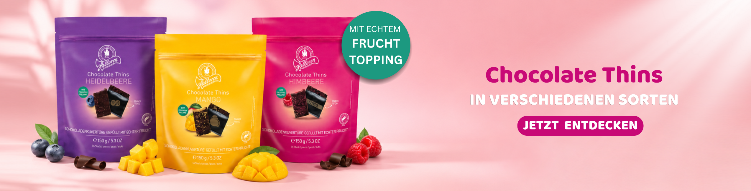 Chocolate Thins, Fruchtstücke, Beutel Gelb, Beutel Lila, Beutel Pink