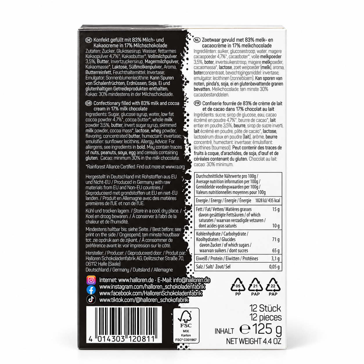 Schokoladenkonfekt, Milchschokolade, Kakaocremefüllung, 12 Stück, 125 g