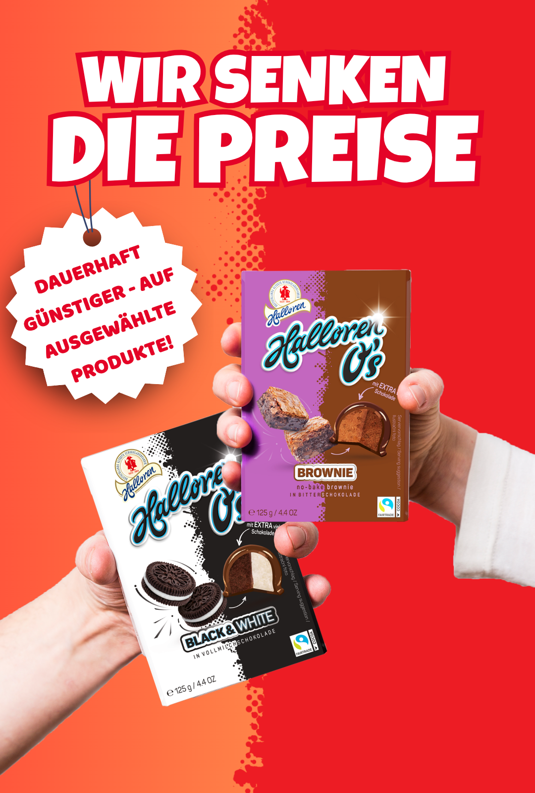 Schokoladenriegel, Brownie, Oreo-ähnliche Kekse, Schokoladenverpackung, Halloren-Logo