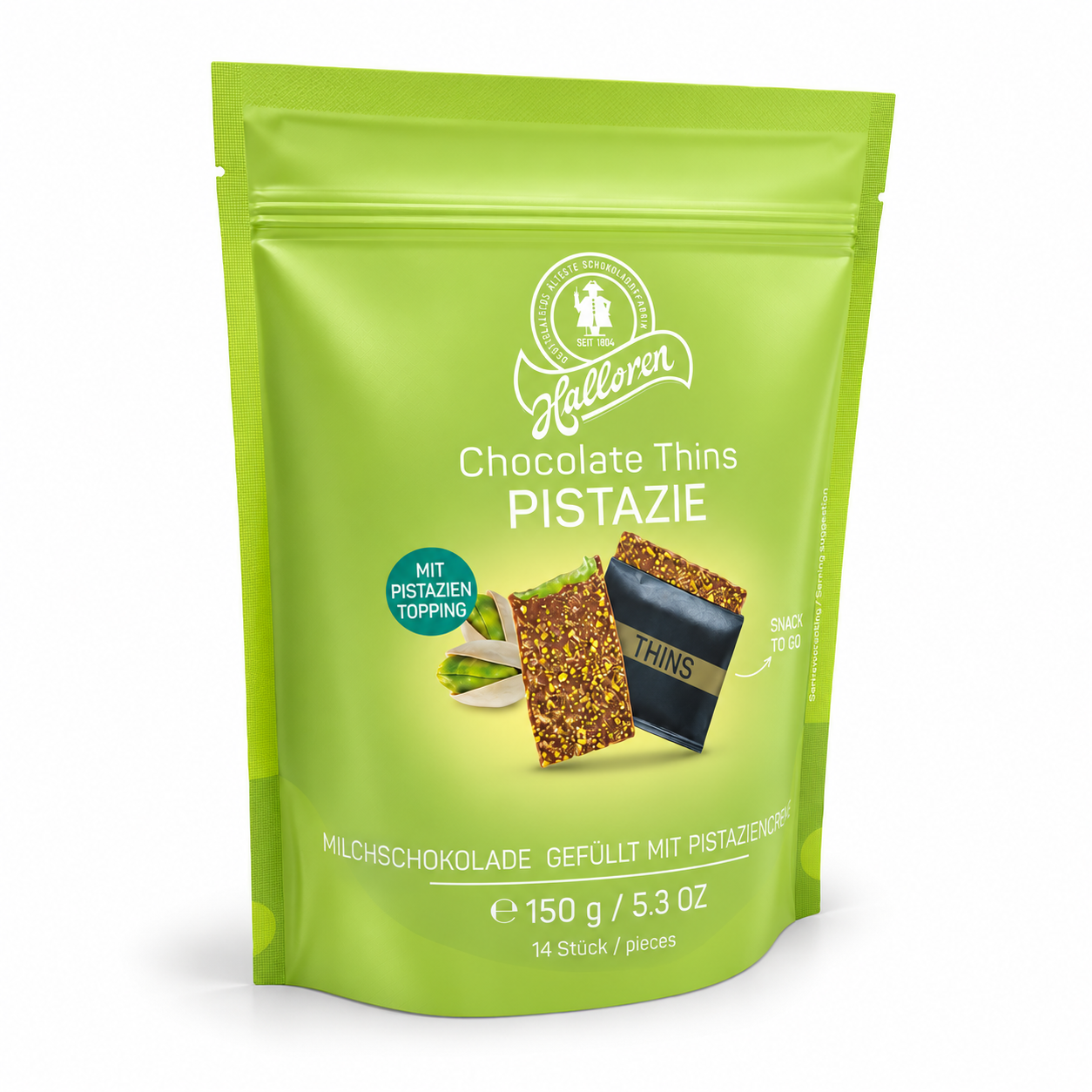 Schokoladen-thins, Pistazie, Milchschokolade, Snack-To-Go, Pistazien-Topping