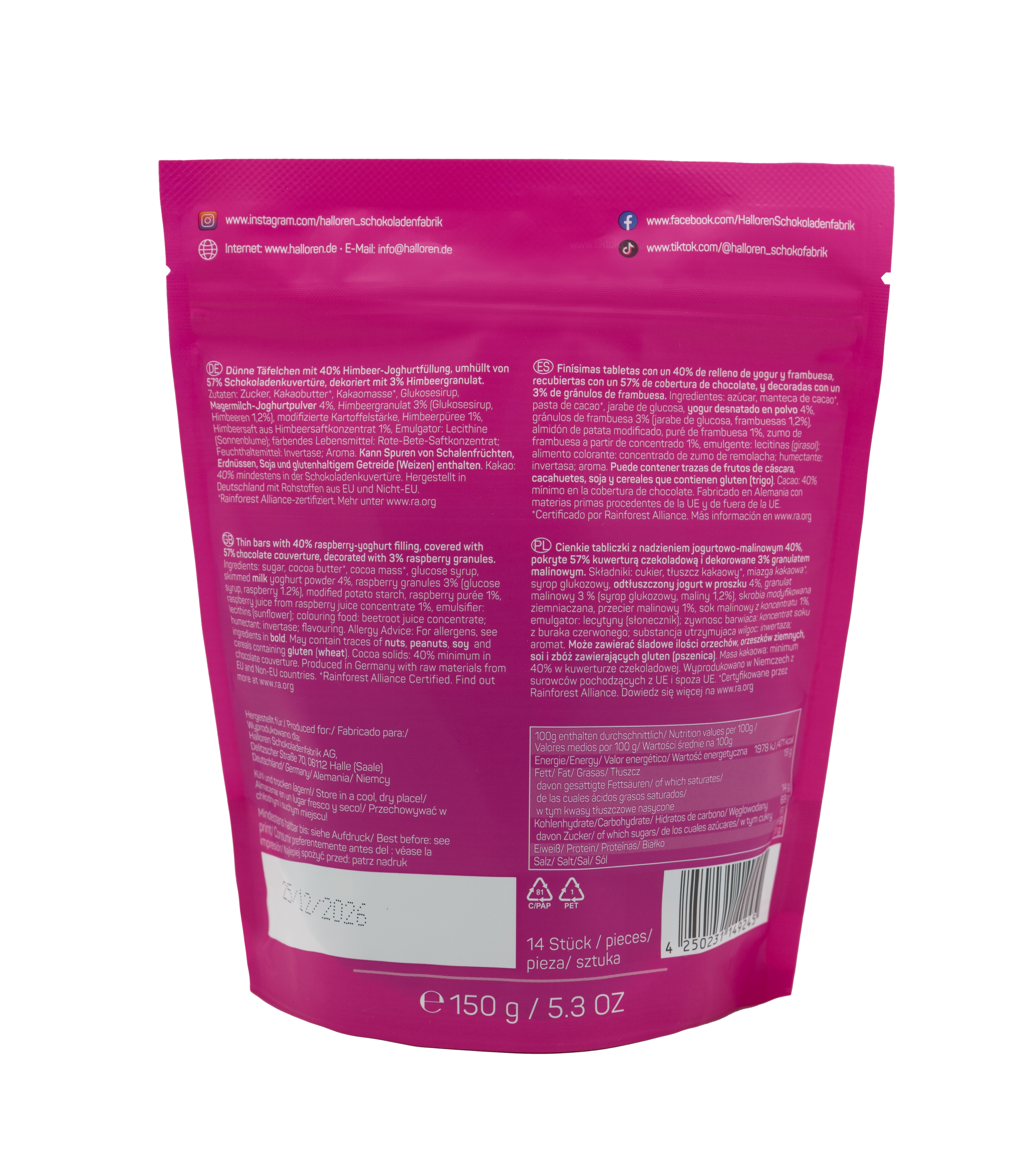 Halloren Chocolate Thins Himbeere mit Topping