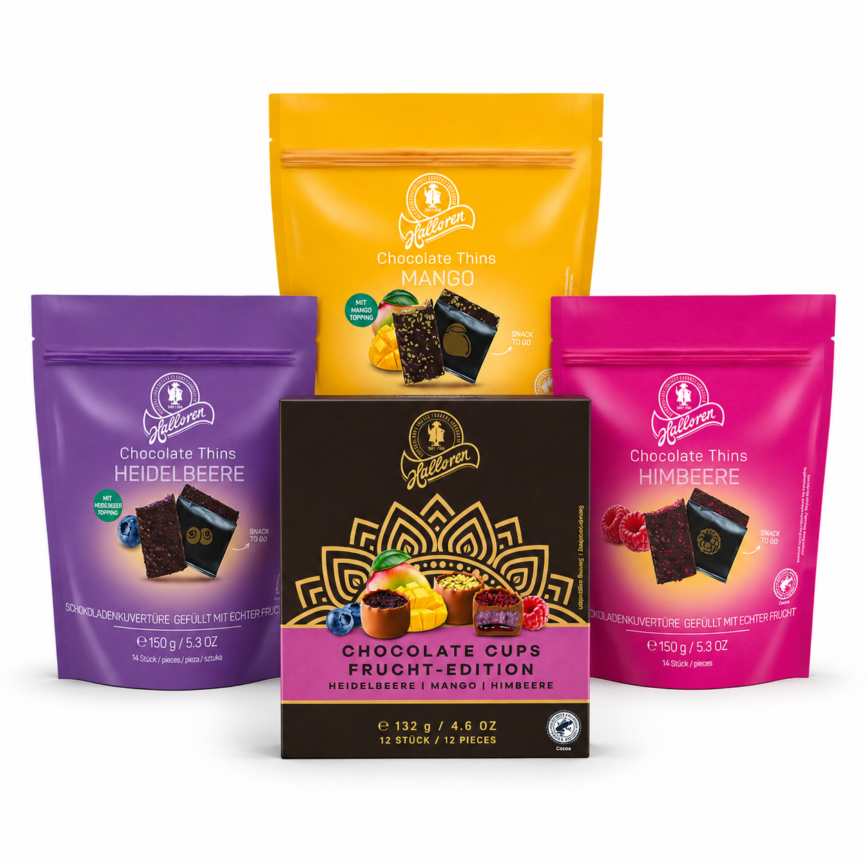 Schokoladen-Thins, Mango, Blaubeeren, Himbeeren, Schokoladenkugeln