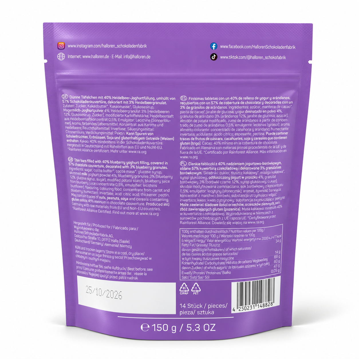 lila verpackung, joghurtfüllung, blaubeere, snackbeutel, 14 stäbchen