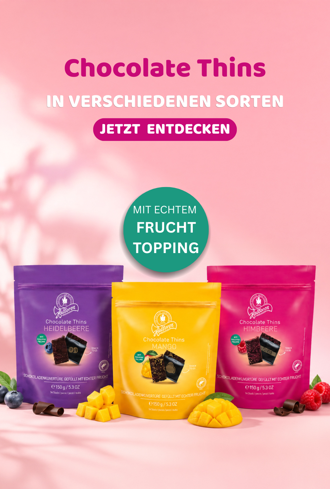 Schokoladen-Thins, Pralinenersatz, Beutel, Mango, Frucht-Topping