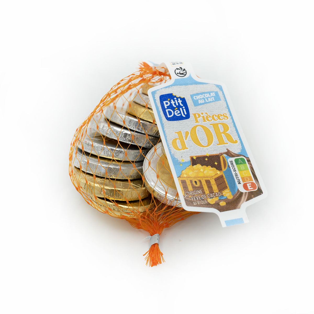 Schokoladenstücke, Orangeraum, Netzverpackung, Snacks, Ort?