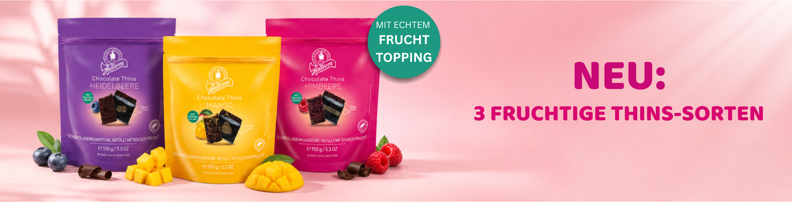 Schokochen, Schokoladen-Thins, Beerenmuster, Mangos, Frucht-Topping