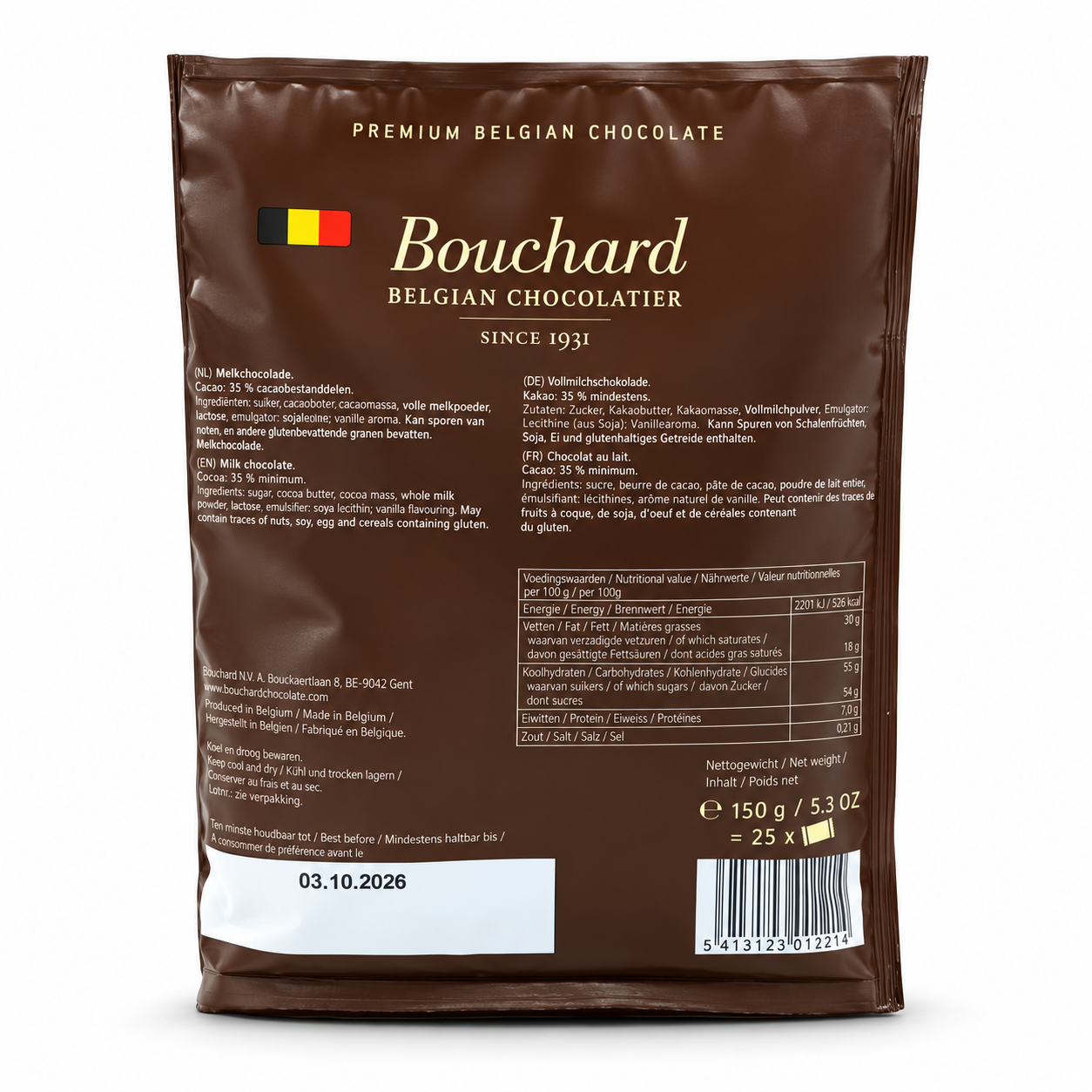 Belgian chocolate, Milchschokolade, Kakaogehalt 35%, Schokoladenriegel, Braune Verpackung