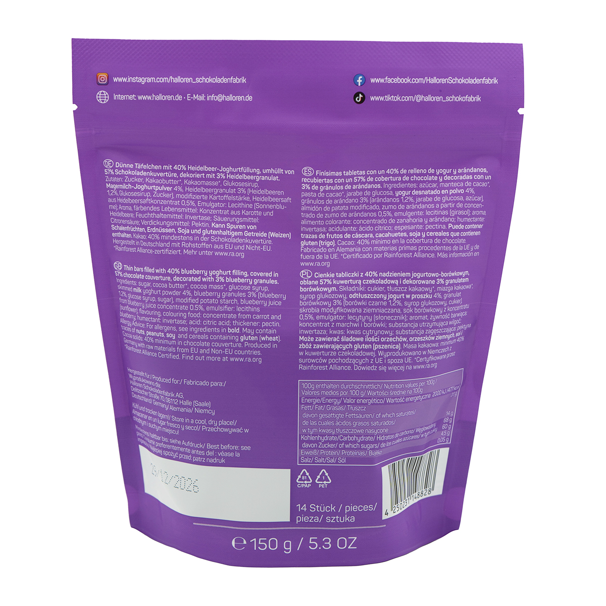 purple packaging, snack bag, 50g?, 14 Stück?, Rückseite Text