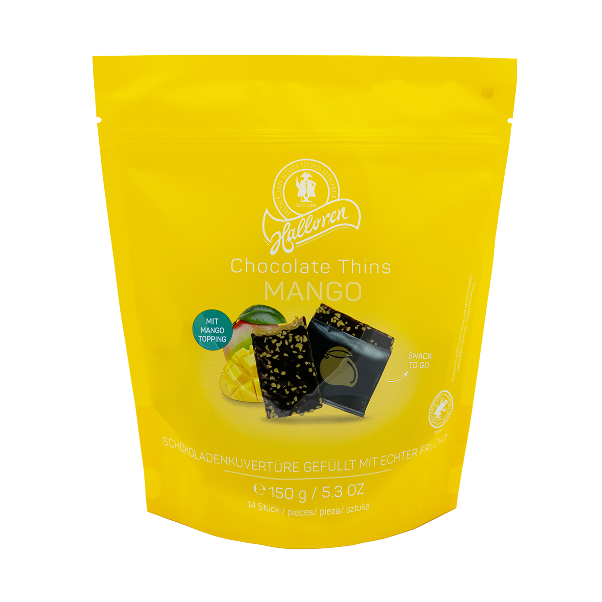 Schokoladenstücke, Mango, Choco-Thumbs, Snack, Beutel, Schokolade, Chips, Mango, Snack, Tüte